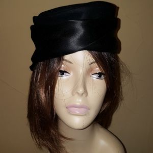 Vintage Black Satin Women's Hat and Hatbox - Bullocks Wilshire